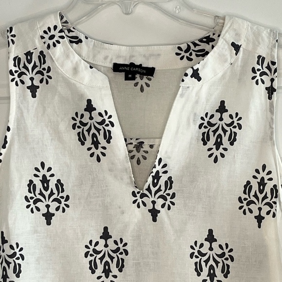 Anne Carson Linen Blend Sleeveless Blouse Size Medium White/Black Print Coastal - Picture 2 of 12
